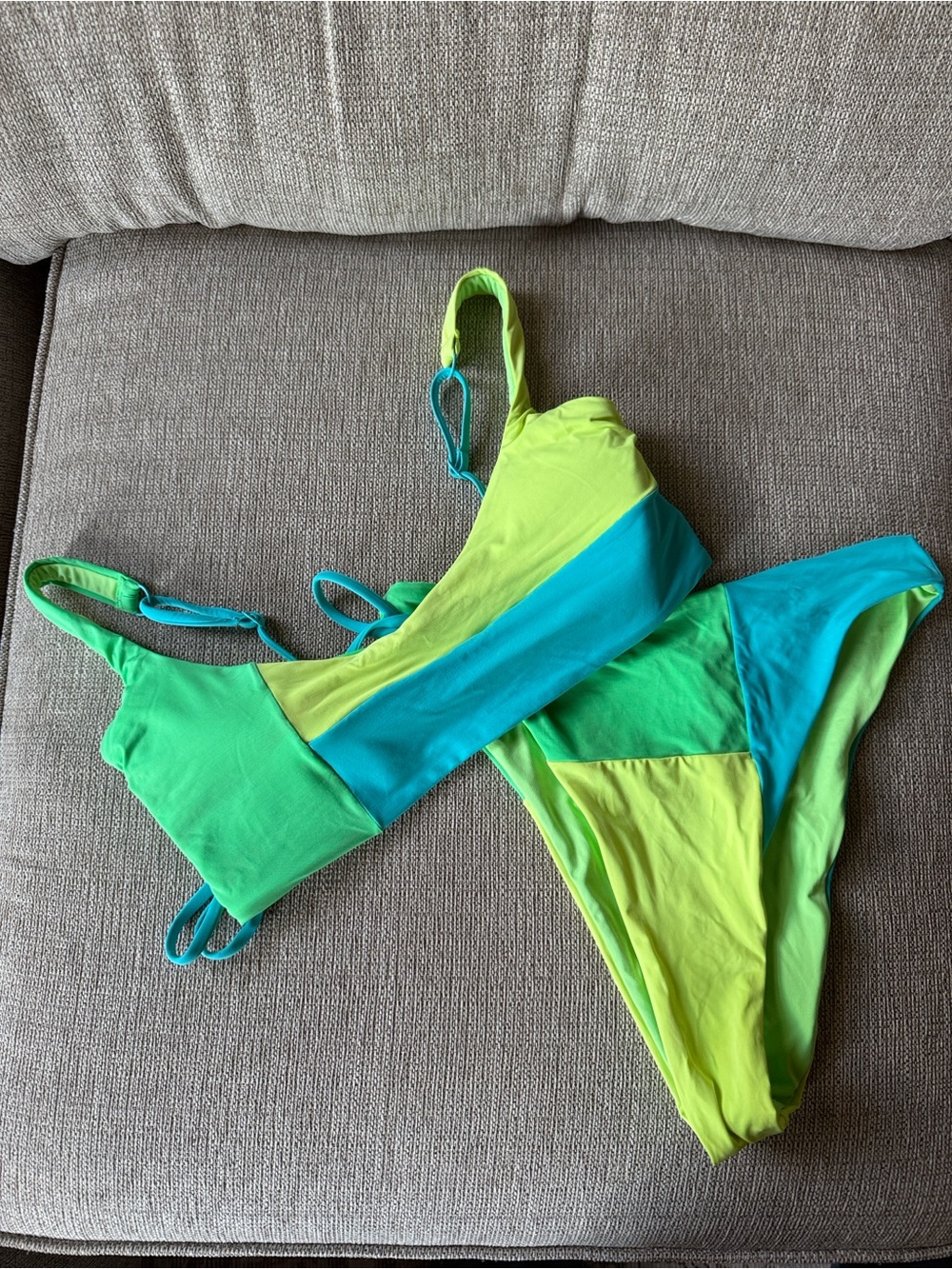 One One Colorblock Neon Green & Teal Bikini Set